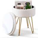 Wimarsbon Ottoman Footstools Round Velvet Footrest Stool with Storage Space Soft Vanity Chair with Memory Foam Seat Small Side Table Step Stool 4 Gold Metal Legs with Adjustable Footings Cream, Pack of 2