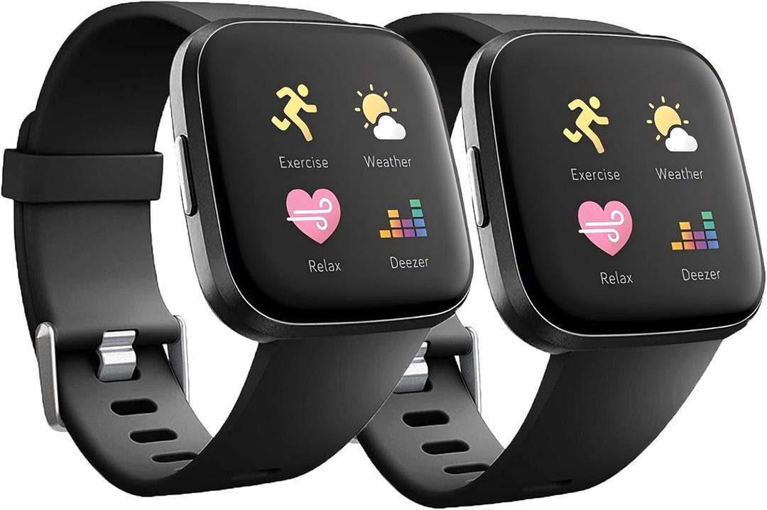 Replacement Bands Compatible with Fitbit Versa/Versa 2 / Versa Lite, Silicone Adjustable Classic Accessory Wristband Fitness Straps for Women Men (2 Pack)  Black+Black, Large