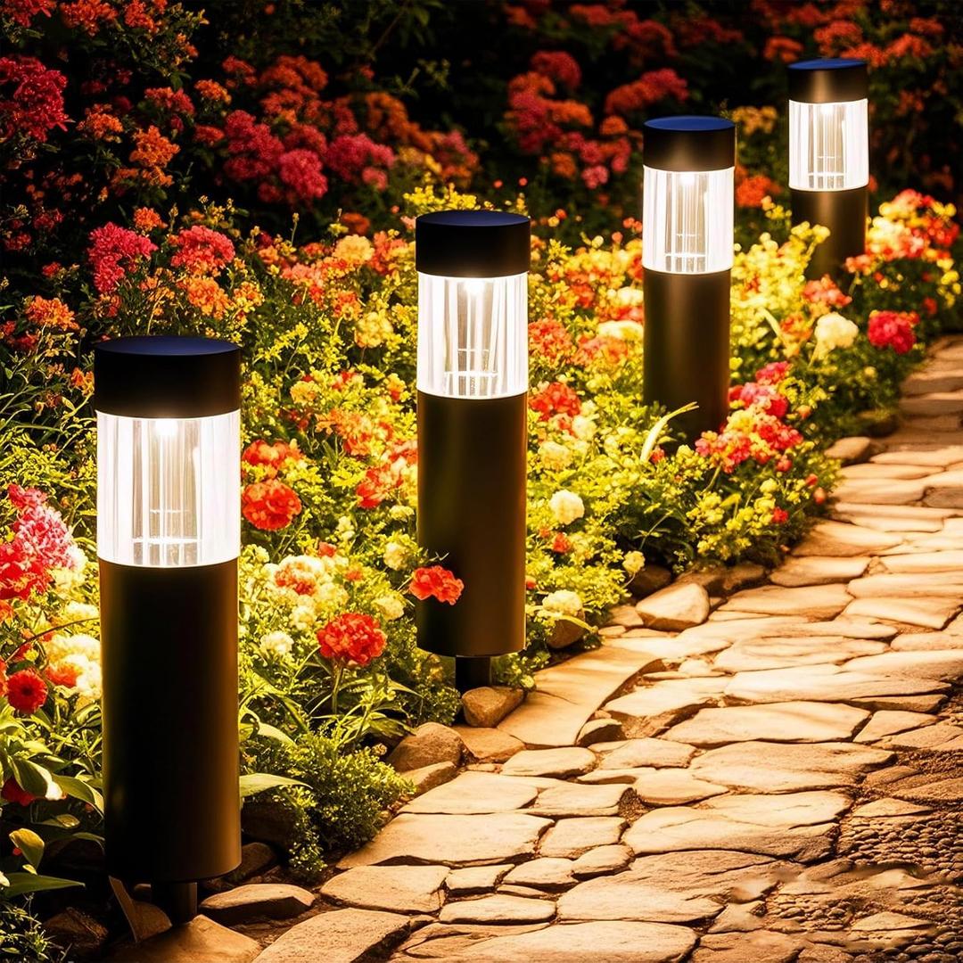 Solar Pathway Lights Outdoor 4 Pack, Stainless Steel Solar Garden Lights, Bright 35LM Warm White LED, Auto On/Off IP65 Waterproof Path Lights for Yard, Lawn, Walkway, Patio, Driveway