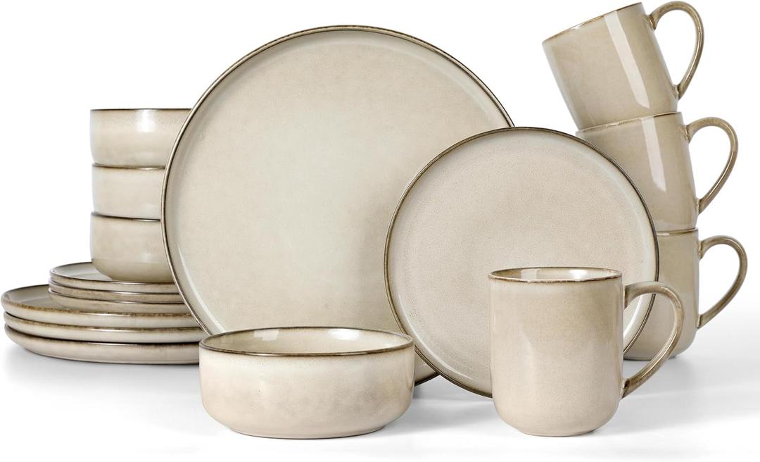 LIANYU Dinnerware Dish Set for 4, 16 Piece Ceramic Dinner Tableware Dishware, Stoneware Plates and Bowls Set for Home Restaurant, Microwave & Dishwasher Safe, Sandy Beige