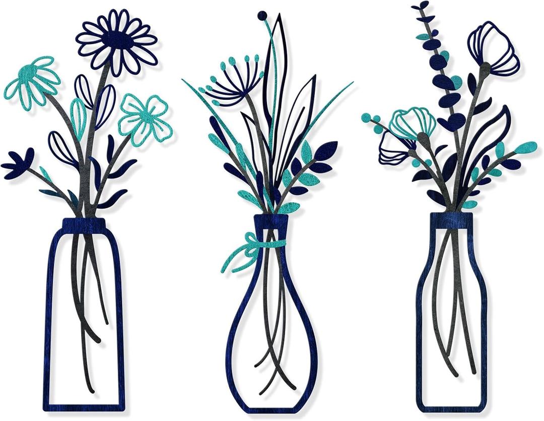 3 Pieces Metal Flowers Wall Arts - Rustic Farmhouse Style Dcor Metal Wall Art Black Minimalist Flower Natural Themed Wall Decors for Home Bedroom Dining Room Housewarming (Blue)