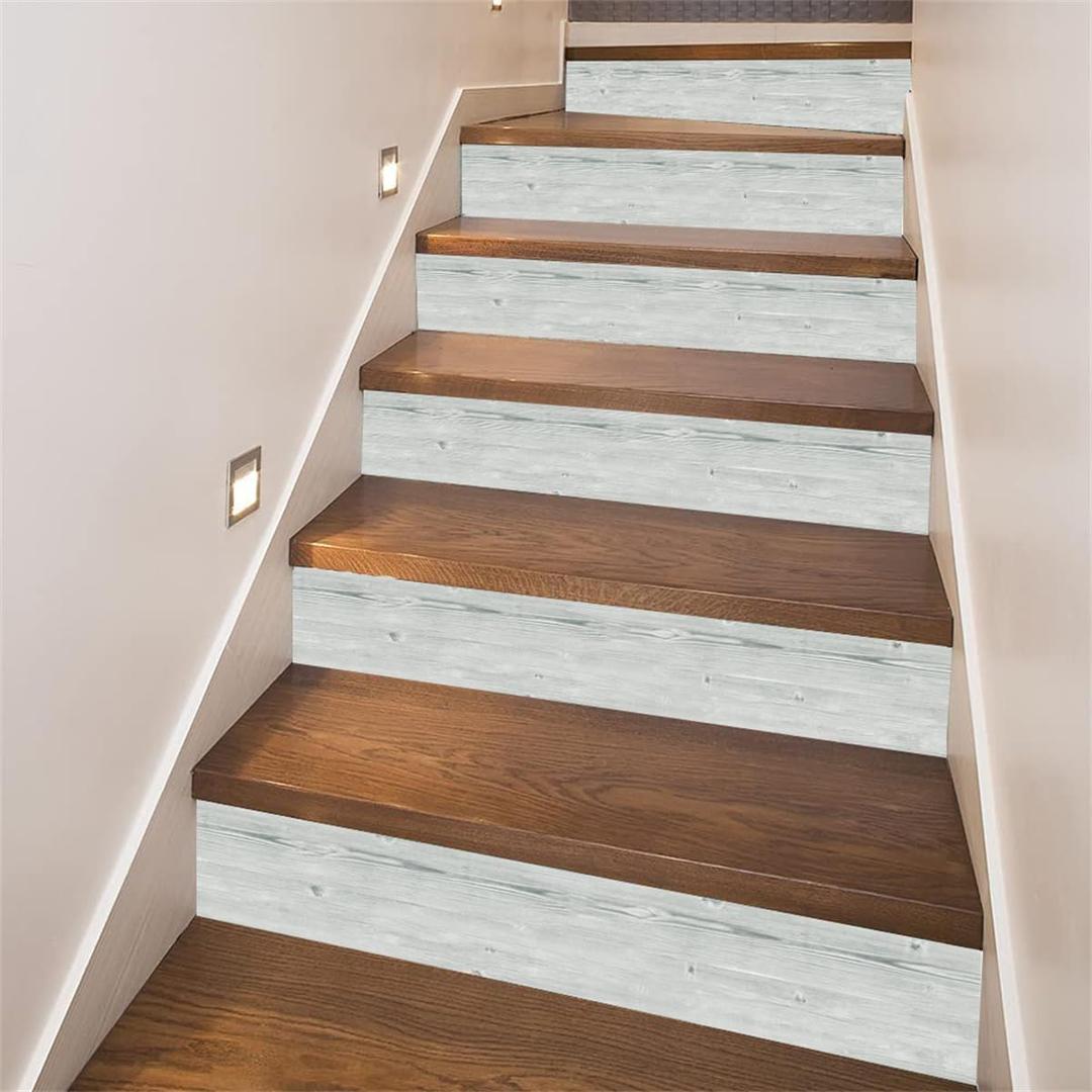 artfanke 13Pcs Vintage Wood Grain Stair Stickers Peel and Stick - Faux Wood Stair Riser Decals for Home Office Decor 39.37"x7.09"