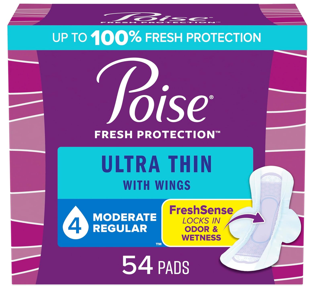Poise Incontinence & Postpartum Pads for Bladder Leaks, 4 Drop Moderate Absorbency, Long Length, 54Count