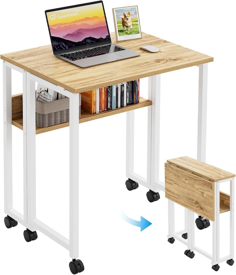 GreenForest Folding Desk Small Rolling Desk with Storage Shelf, 24.8 inch Foldable Computer Desk with Wheels for Small Space, Easy Assembly, Oak