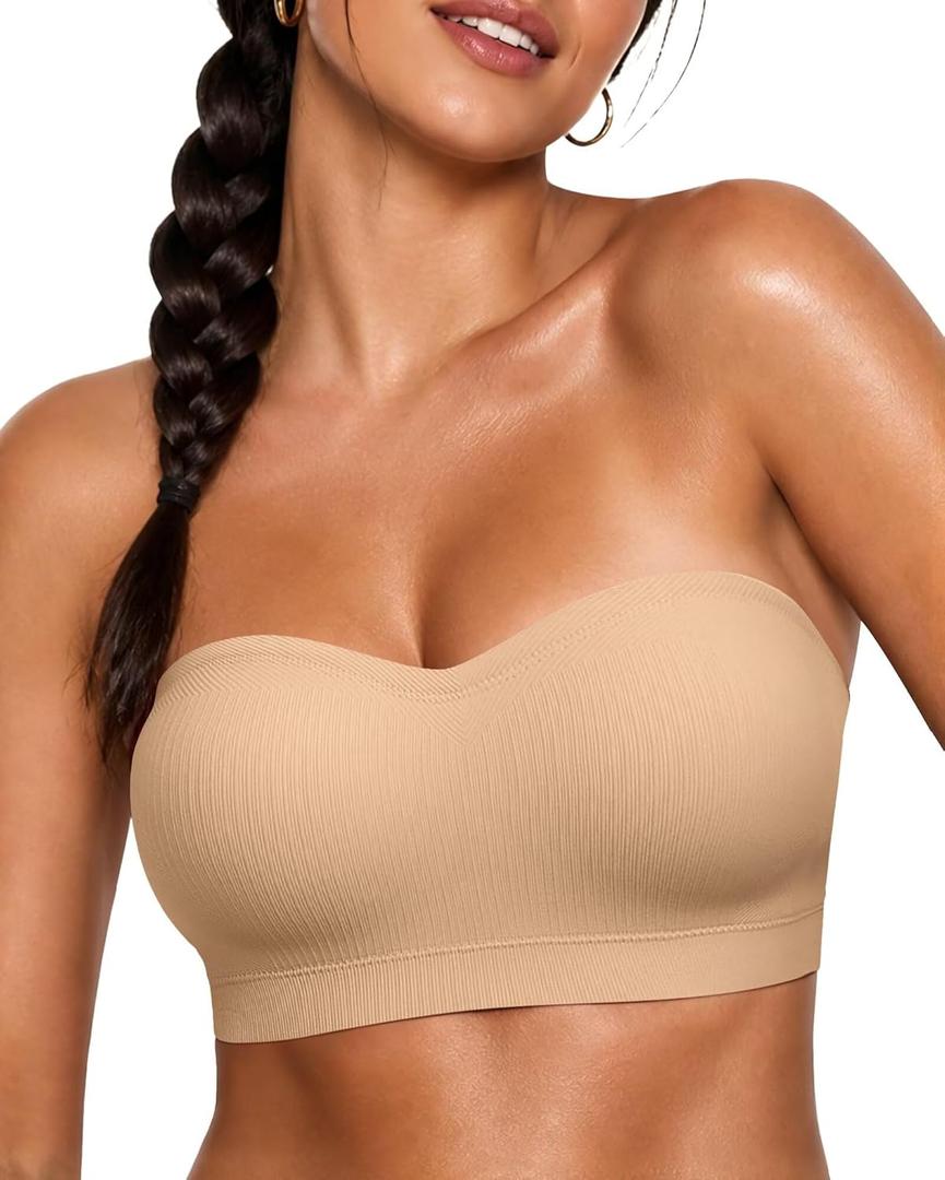 Vertvie Strapless Bra Wireless Non-Slip Push Up Bandeau Bras for Women Full Support Tube Tops Padded Bralette S-Large Breasts (Nude, XX-Large)