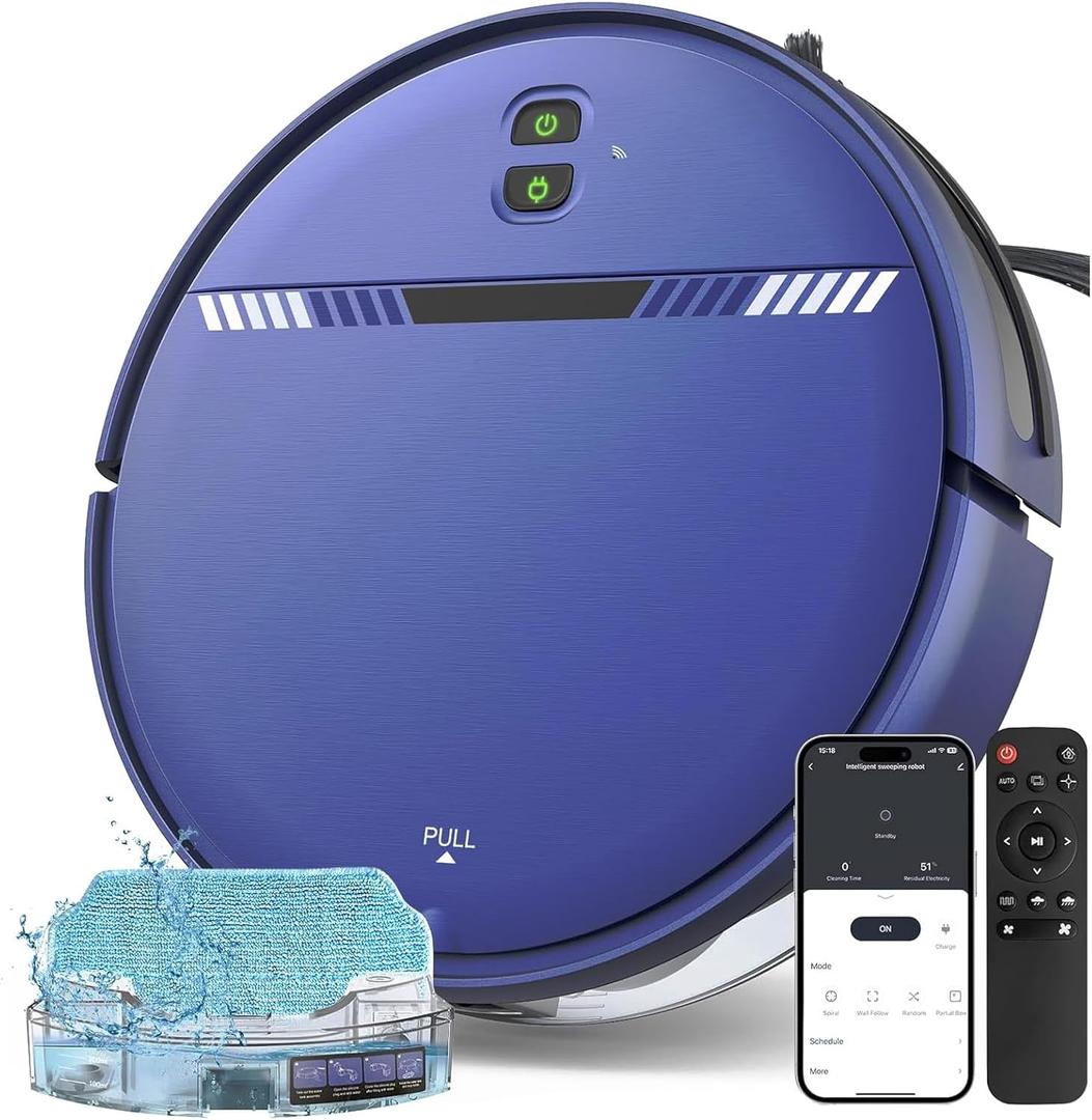Robot Vacuum, Vacuum and Mop Robot 2 in 1, Vacuum Mop Robot with Schedule, Water Tank and Dustbin, Slim, Self-Charging, Ideal for Pet Hair, Hard Floor, Carpet (Blue)
