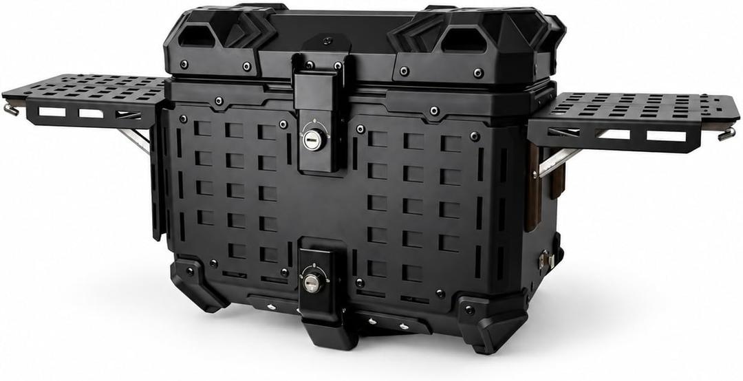 Motorcycle Top Box，Multifunctional Motorcycle Tail Box, 35L Aluminum Alloy Storage Trunk, Black, Armored Design for Camping, Outdoor Adventure, 45 Liters