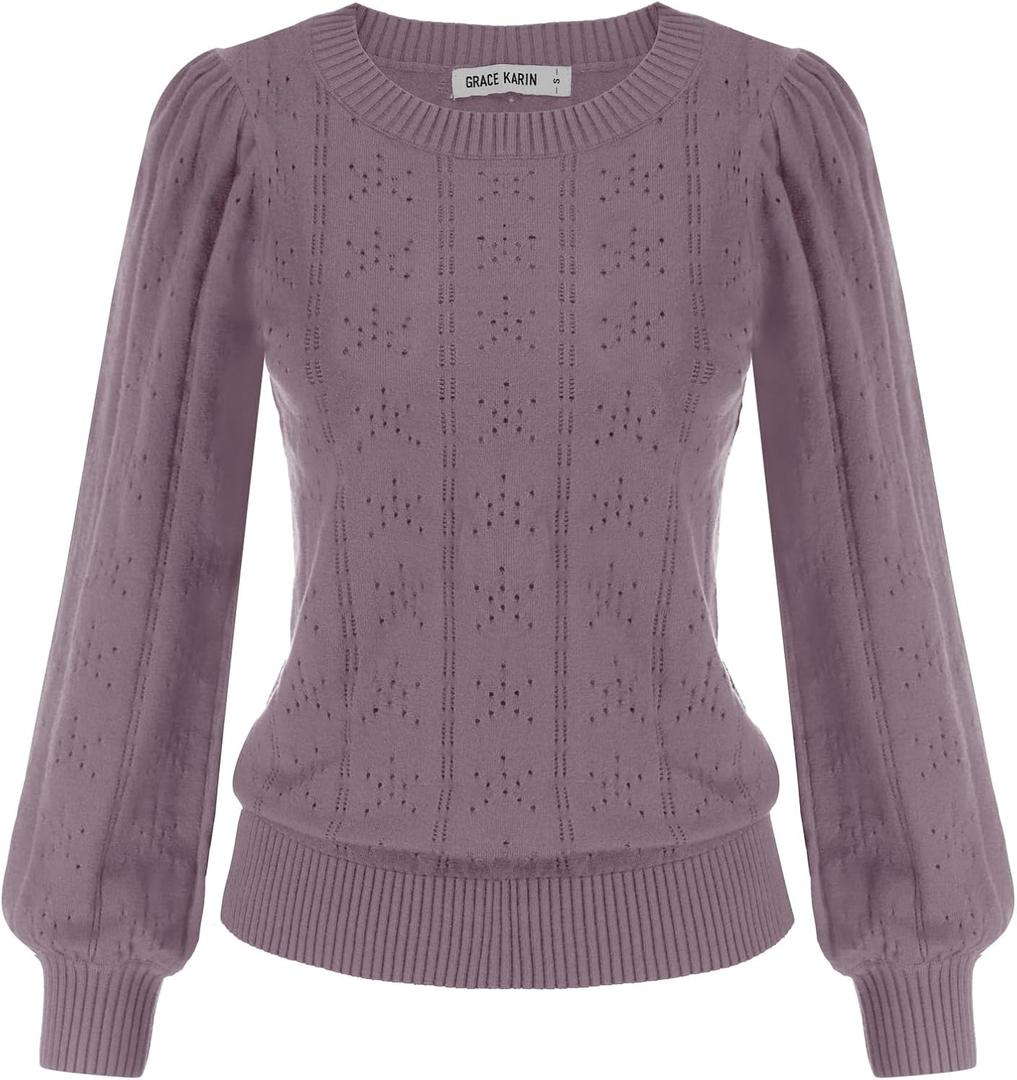 GRACE KARIN Women's Long Lantern Sleeve Crew Neck Crochet Top Hollow Out Fall Pullover Sweater (Medium)