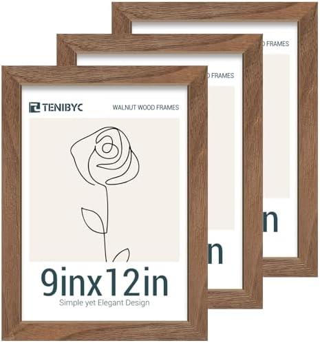 TENIBYC 9x12 Frame 3 Pack with HD Glass - Brown Walnut, 9 x 12 Natural Wood Picture Frame, Wall Gallery Frame