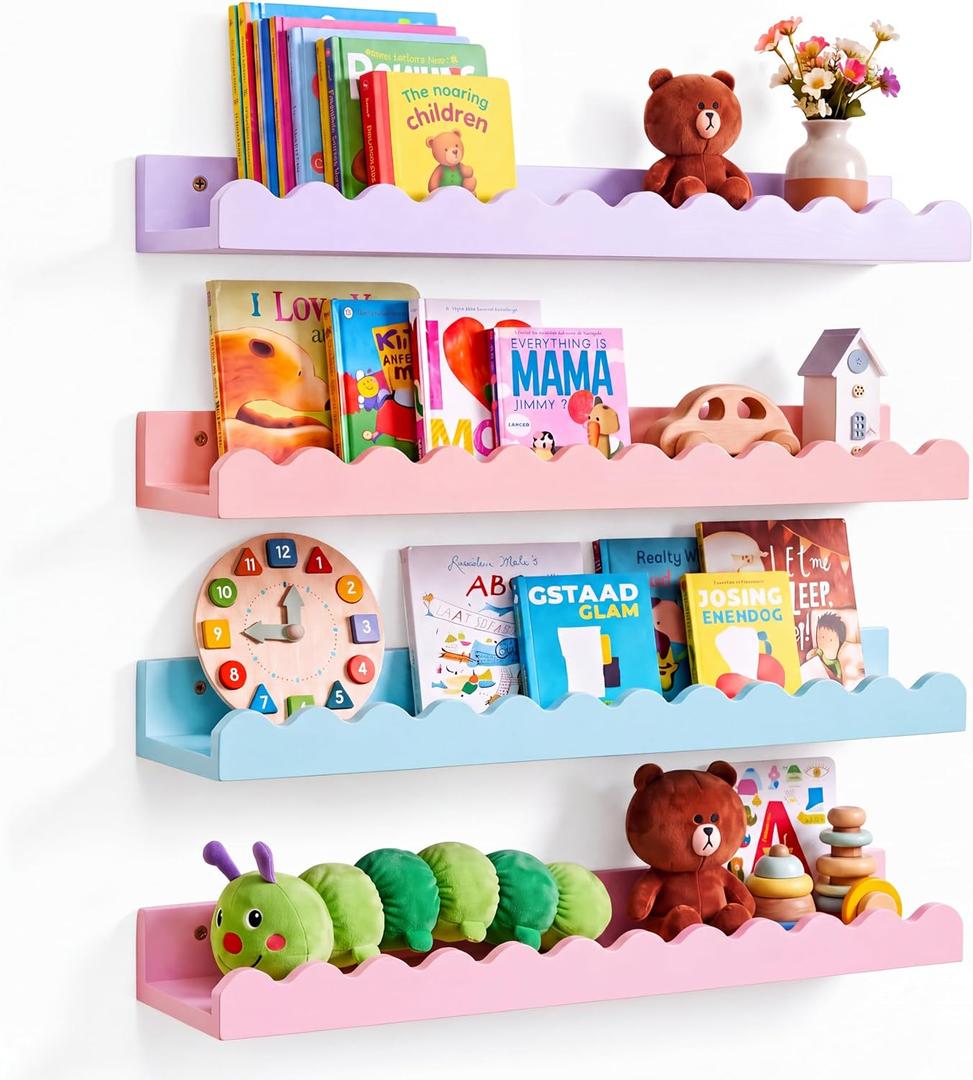 Pinkunn 4 Pcs 23 Inch Nursery Floating Scalloped Shelves, 23 x 4.7 x 1.57 inches