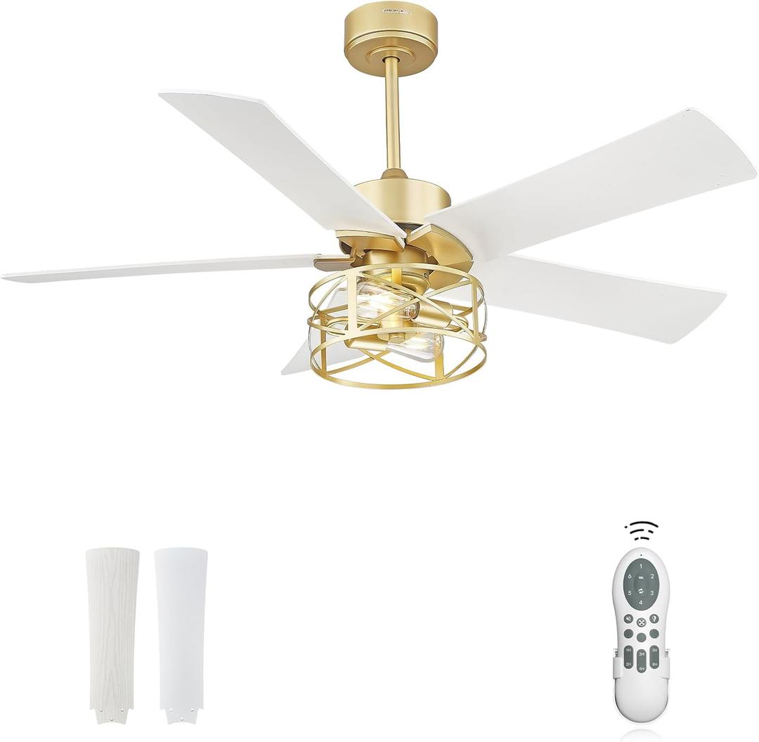 YOUKAIN Ceiling Fans With Lights, 48 Inch Gold Ceiling Fans with Lights and Remote, 5-Reversible, Gold Finish, outdoor ceiling fan for cover patio, 48-YJ632-GDW