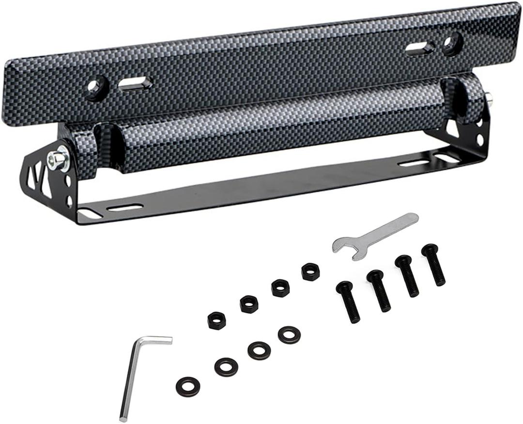 1 PC Adjustable Car Flip Up License Plate Bracket, Stainless Steels Front License Plate Mount, Distortion-Proof Bumper License Plate Holder, Universal for Most Cars (Carbon Fiber Black)