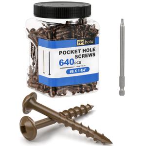 #8 Pocket Hole Screws 1-1/4 Inch, 640Pcs Coarse Thread Wood Screws, Square Drive, Washer Head, 4-Layer Coating, Drive Bit Included (Brown)