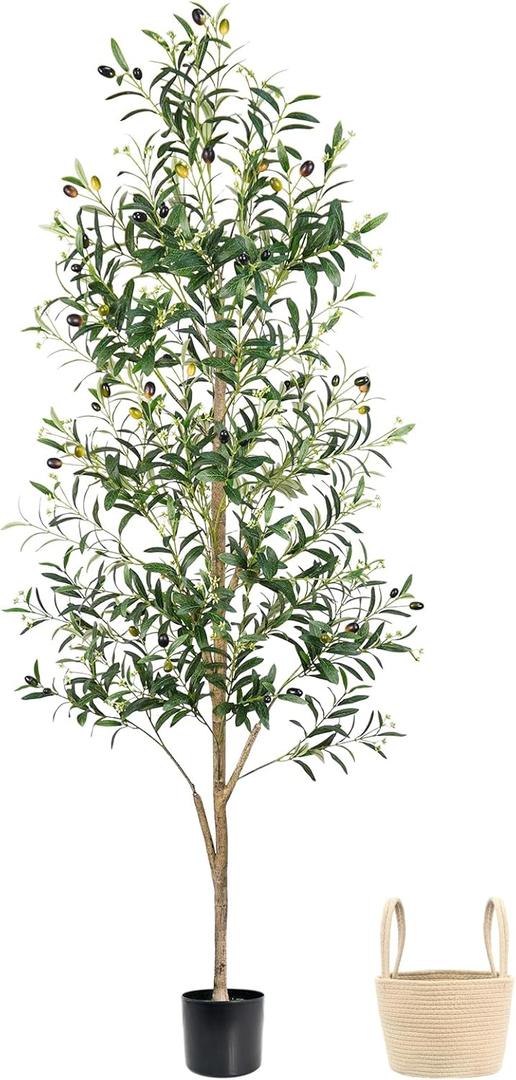 Faux Olive Tree 6FT, Artificial Potted Tree with Planter, Silk Plants Indoor Outdoor, Lifelike Olive Plants with Natural Wood Trunk, Fruits and Buds, Home Office Decor, 1 Pack