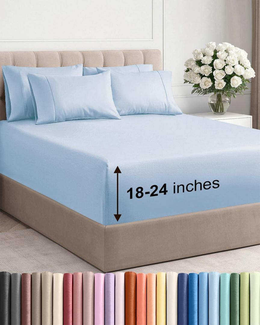 Extra Deep King Sheet Set - 6 Piece Breathable and Cooling Sheets - Hotel Luxury Bedding for Women, Men, Kids & Teens - Easy & Secure Fit - Soft, Wrinkle Free and Comfy - Extra Deep Pockets - Sky Blue