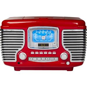 Crosley CR612B-RE Corsair Retro AM/FM Alarm Clock Radio and CD Player with Stereo Bluetooth Speakers, Red