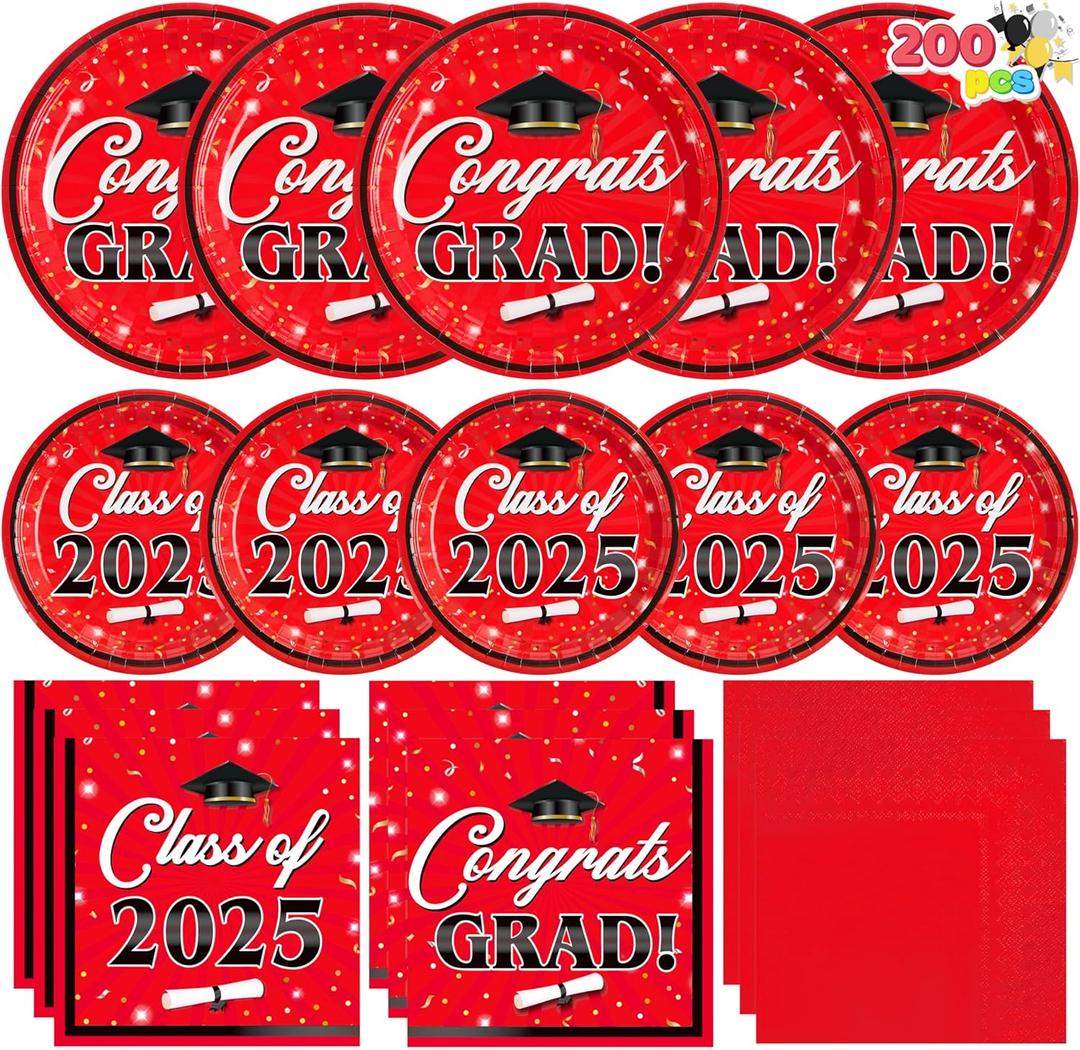 JOYIN 200 Pcs Graduation Party Plates and Napkins Red Dinnerware Set Supplies, 2025 Disposable Dessert Paper Plates Luncheon Cocktail Napkins for Congrats Grad Graduation Decorations, Serve 50