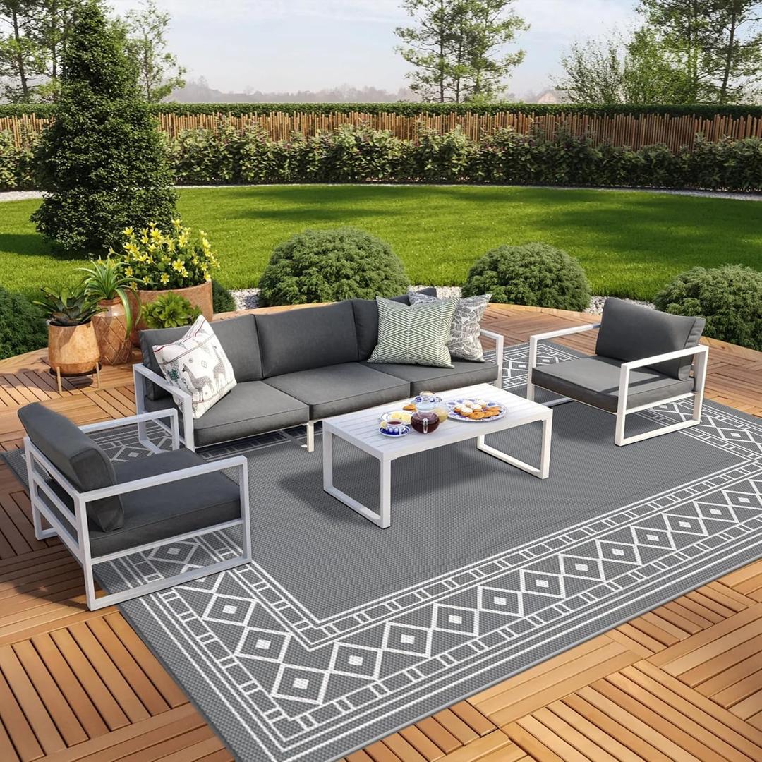 GENIMO Outdoor Rug Waterproof for Patio Decor, 10'x20' Foldable Reversible Plastic Straw Carpet, Outside Area Mat for Rv, Deck, Picnic, Porch, Camper, Balcony, Beach, Grey & White