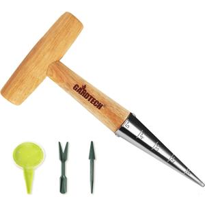 Gardtech 4 x Flower Bulb Planting Wood Tools, Stainless Steel Dibber with Calibration, Seed Plant Set Dibber & Fork, Sowing Seed Dispenser for Garden Planting