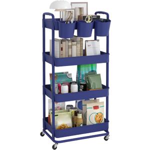 JIUYOTREE 4-Tier Plastic Rolling Storage Cart Utility Cart with Extra Hanging Cups Handles Lockable Wheels for Living Room Bathroom Kitchen Office Blue