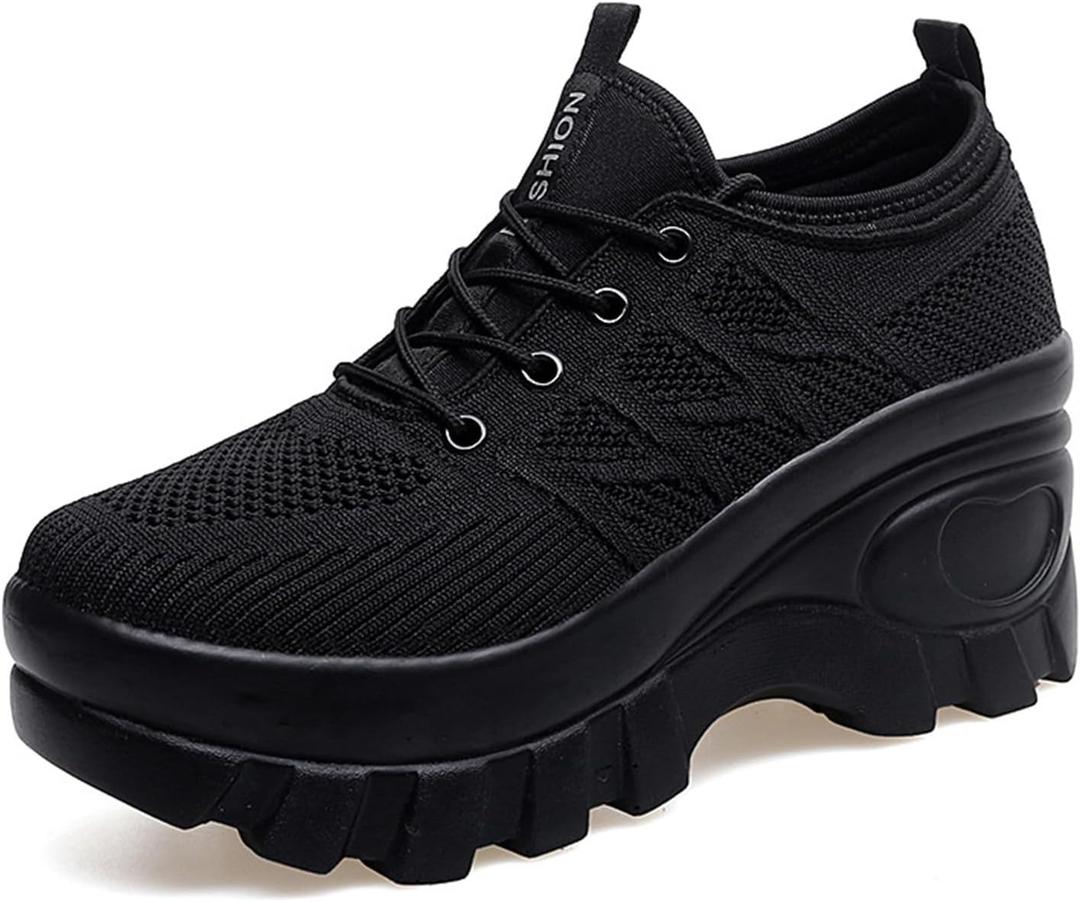 Women's Chunky Platform Comfort Orthopedic Wedge Walking Shoes Fashion Knitted Breathable Lace Up Lug Sole Casual Non-Slip Running Shoes with Arch Support (Black)