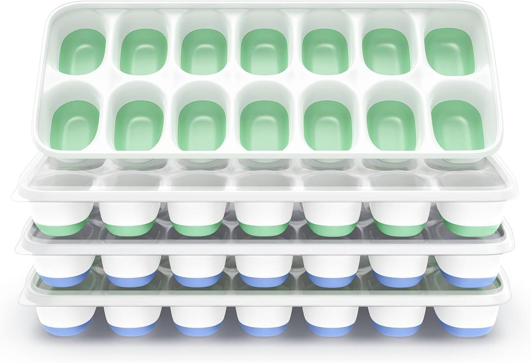 ChefAide Ice Cube Tray with Lid, 4 Packs 56 Cubes Durable Stackable Ice Cube Trays for Freezer with Removable Lids, Easy-Release Plastic & Silicone Ice Tray for Cocktail, Coffee (Mint+Space Blue 4 Pack)