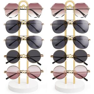 Mkono Sunglasses Organizer Glasses Holder Stand Sunglass Storage Eyeglasses Rack Metal Frame with Wood Base for 5 Pairs of Eyewear Display for Table Desk Countertop Dresser Bedroom, Set of 2, Gold (4.3"L x 4.3"W x 13"H)