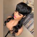 Mullet Wigs for Black Women - Body Wave Pixie Cut Wig with Bangs - Heat Resistant