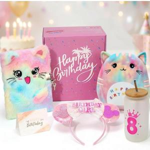 Niskite 8 Year Old Girl Birthday Gift: 8th Birthday Gift Set for Girls | Fuzzy Cat Diary with Lock, Bday Tumbler & Headband - Unique Basket Present for Daughter Granddaughter Niece