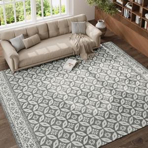 jinchan Area Rug 6x9 Washable Rug - Geometric Living Room Tile Pattern Floral Print Faux Wool Large Mat Farmhouse Soft Stain Resistant Non-Slip Carpet for Bedroom Dining Room Office Grey