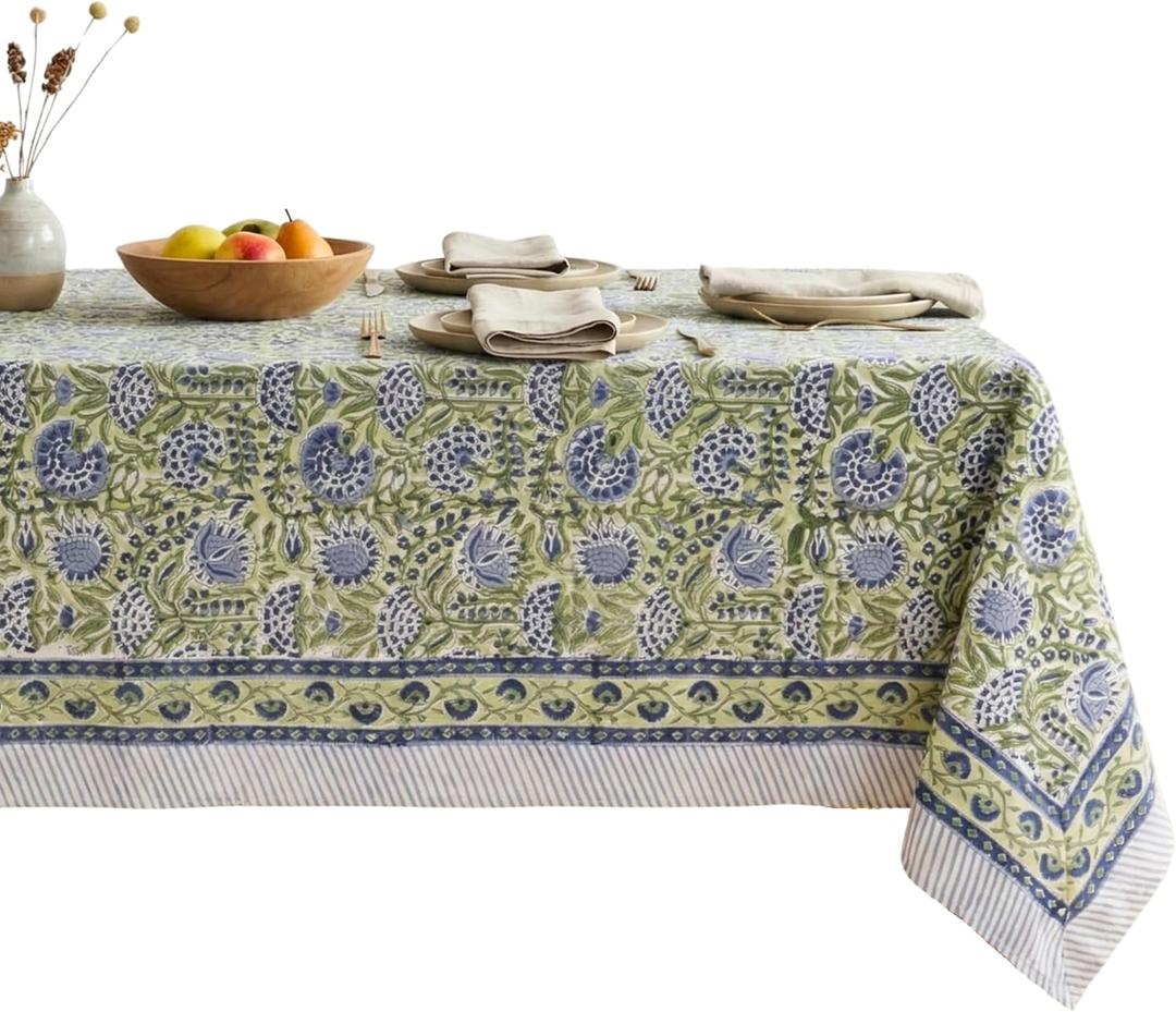 ATOSII Amara 100% Cotton Rectangle Fall Tablecloth, Handblock Floral Linen Table Cloth for Kitchen Dining Table I Parties Weddings Christmas I Fall Home Decor 60 X 108 Inches I 8 Seater