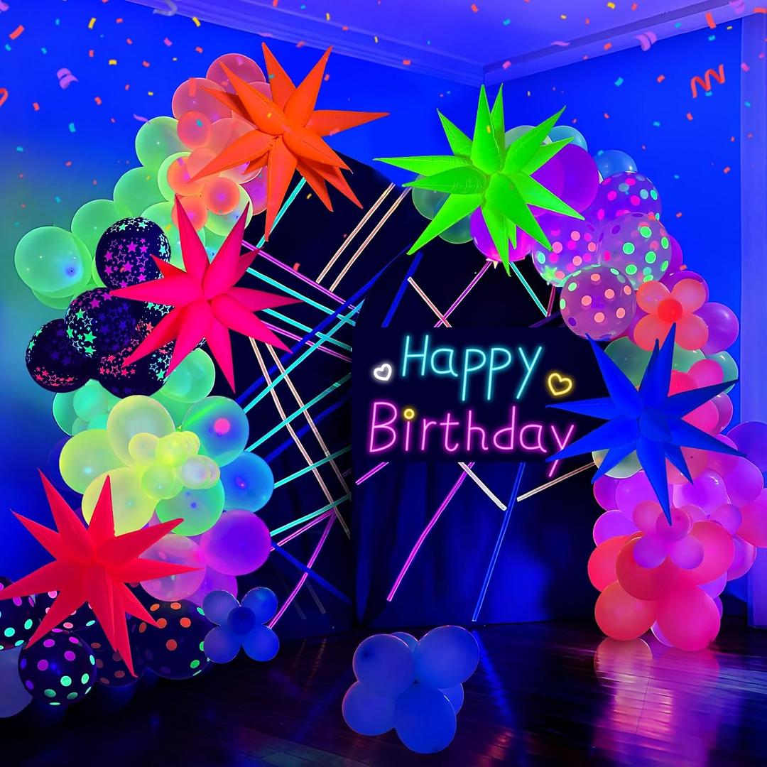UV Neon Balloons, Glow in the Dark Party Supplies Neon Foil Explosion Star Balloon Kit Cone Balloons Glow in the Dark Birthday Decorations for Blacklight Party Decoration, 5", 10", 12", 18"