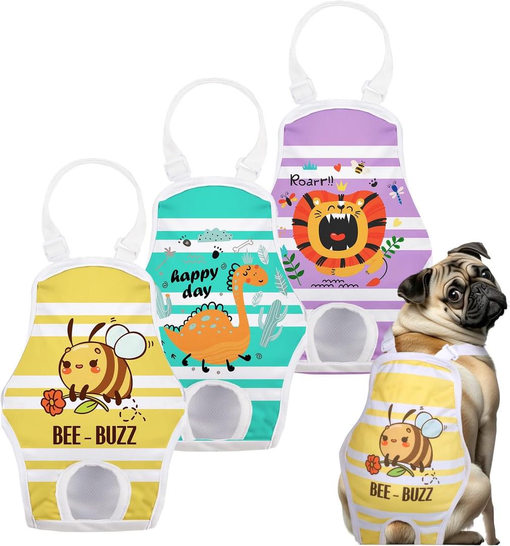 3 Pack Washable Female Dog Diaper Onesie Sanitary Pantie with Adjustable Suspender, Reusable Fixed Diapers, Super Absorbent Leakproof for Small Medium Large Dog in Heat Cycle XS/S