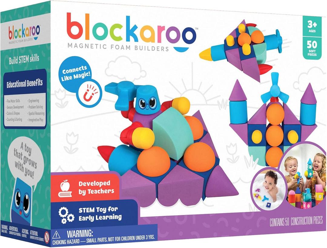 Blockaroo Magnetic Foam Building Blocks - 50-Piece Set, Bath Toys for Toddlers, Preschool Toys, Bathtub Toys, Sensory Toys, Blocks for Toddlers 3-5, Engineering Toys for Kids 3-5, Bath Blocks