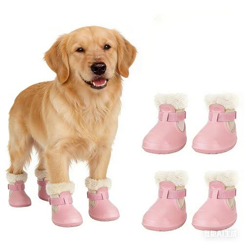 Dog Shoes for Small Medium Large Dogs, Removable Fleece Liner & Adjustable Straps, Waterproof Anti-Slip Paw Protectors, Dog Snow Boots for Winter Snow & Indoor Hard Floors (Pink, 5)