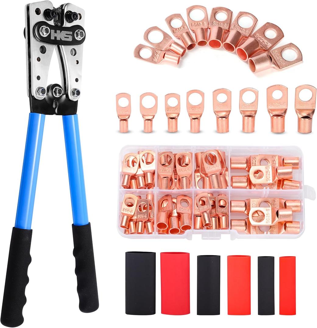 HKS Battery Cable Crimping Tool Kit Heavy Duty Wire Crimper for AWG 10-1, Includes 60pcs Copper Ring Terminals & 60pcs 3:1 Heat Shrink Tubing, Ideal for Battery Cables