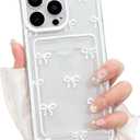 NITITOP Compatible with iPhone 16 Case with Card Holder Clear Cute Bow Ribbon for Women Girls Colorful Frame Soft TPU Wallet Shockproof Protective Cover - White