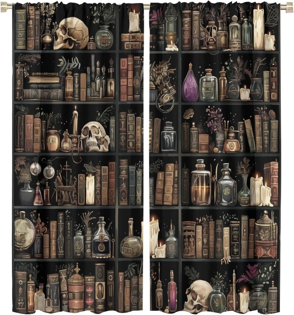 Gothic Library Book Blackout Curtains, Retro Bookshelf Skull Floral Candles Home Decor Rod Pocket Window Drapes for Living Room Bedroom- 2 Panels 45" L x 42" W