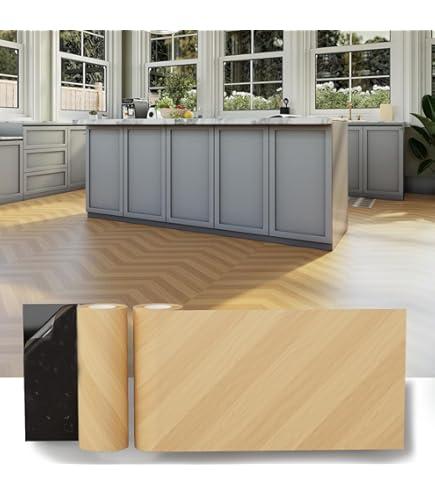 Peel and Stick Floor Tile Roll 11.8” x 236” Self Adhesive Vinyl Flooring Wood Grain DIY for Kitchen, Bathroom, Living Room, Linoleum Flooring 2 Rolls Cover 40 Sq.Ft, Light Brown Herringbone