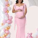Women's Maternity Draped Neck Ruffle Baby Shower Dress for Photoshoot Party Bodycon Long Dress (Pink, L)
