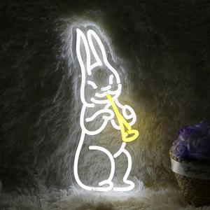 Easter Rabbit Play Trumpet Neon Sign Bunny Led Light Up Sign For Room Wall Decor Window Lights 6.8"×15.6"