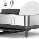 simplehuman Compact Dish Drying Rack with Stainless Steel Frame, 360 Easy Drain Swivel Spout, Utensil Holder, Anti-Residue Coating, Moisture Control Surface, Grey