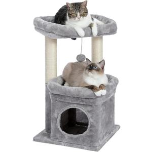 PAWZ Road Cat Tree, Multi-Level Cat Tower with Sisal-Covered Scratching Post, Cozy Cat Condo Soft Cat Perch and Plush Pompom for Indoor Cats, Grey