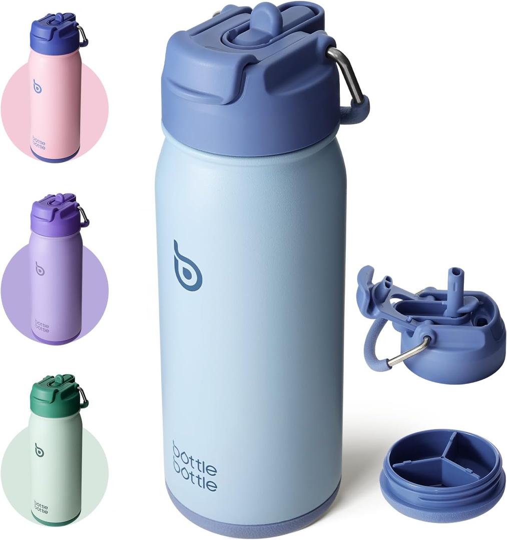 BOTTLE BOTTLE 16 oz sports water bottle stainless steel insulated kids water bottle with straw and pills holder for gifts and schoolblue
