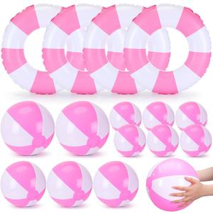 15 Pcs Inflatable Swimming Float Supplies Set, 22.8" Striped Swim Ring & 5.9" 9" 11.8" Beach Ball Summer Family Activities for Pool Beach Party Supplies