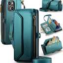 Wallet Case Compatible with iPhone 13 RFID Blocking 7-Card Holder Soft PU Leather Magnetic Snap Shoulder Strap Zipper Pocket Phone Case Fit for iPhone 13 for Women 6.1" - Blue Green