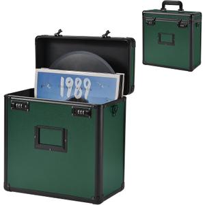 Vinyl Record Storage Case, Album Collection Organizer Box, Lockable LP Record Holder with Combination Lock, Holds 30+ Albums, Water Resistant Shell with Handle & Shoulder Strap, Black Green