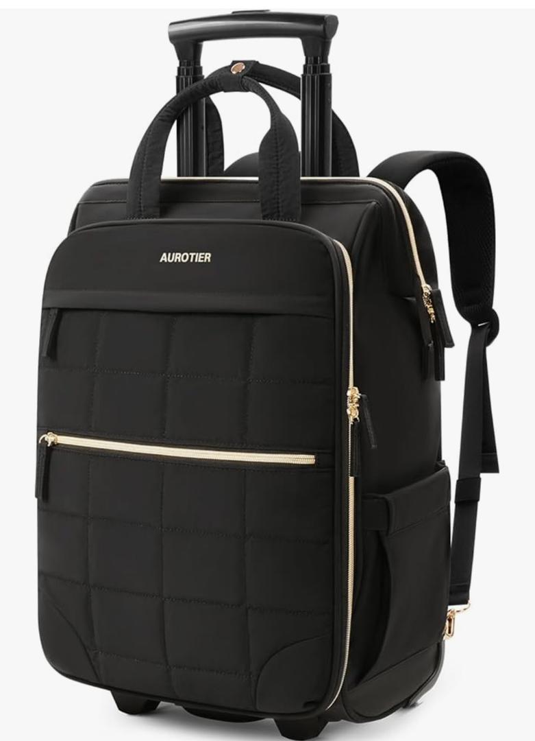 Rolling Puffer Backpack for Women, Wheeled Laptop Backpack, Short-Term Travel Backpack with Wheels, Roller Adults Work Computer Bag, Water Resistant Overnight College Underseat Carry on Luggage, Black