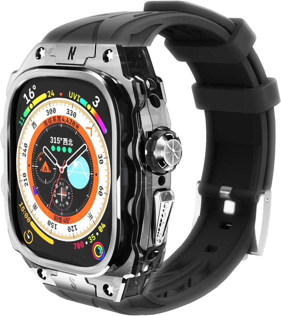 Luxury Translucent Smartwatch Case for Apple Watch Ultra 1/2 49mm, Fully Wrapped Lightweight Rugged case with Band, Silicon Strap, Stainless Steel Buttons, Protective Cover for Men/Women (Black)