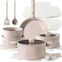 CAROTE 15pcs Ceramic Cookware Set, Pots and Pans Set Non Stick, Induction Kitchen Casserole Sets, Non Stick RV Set with Detachable Handle, Dishwasher/Oven Safe, Taupe (Brown)